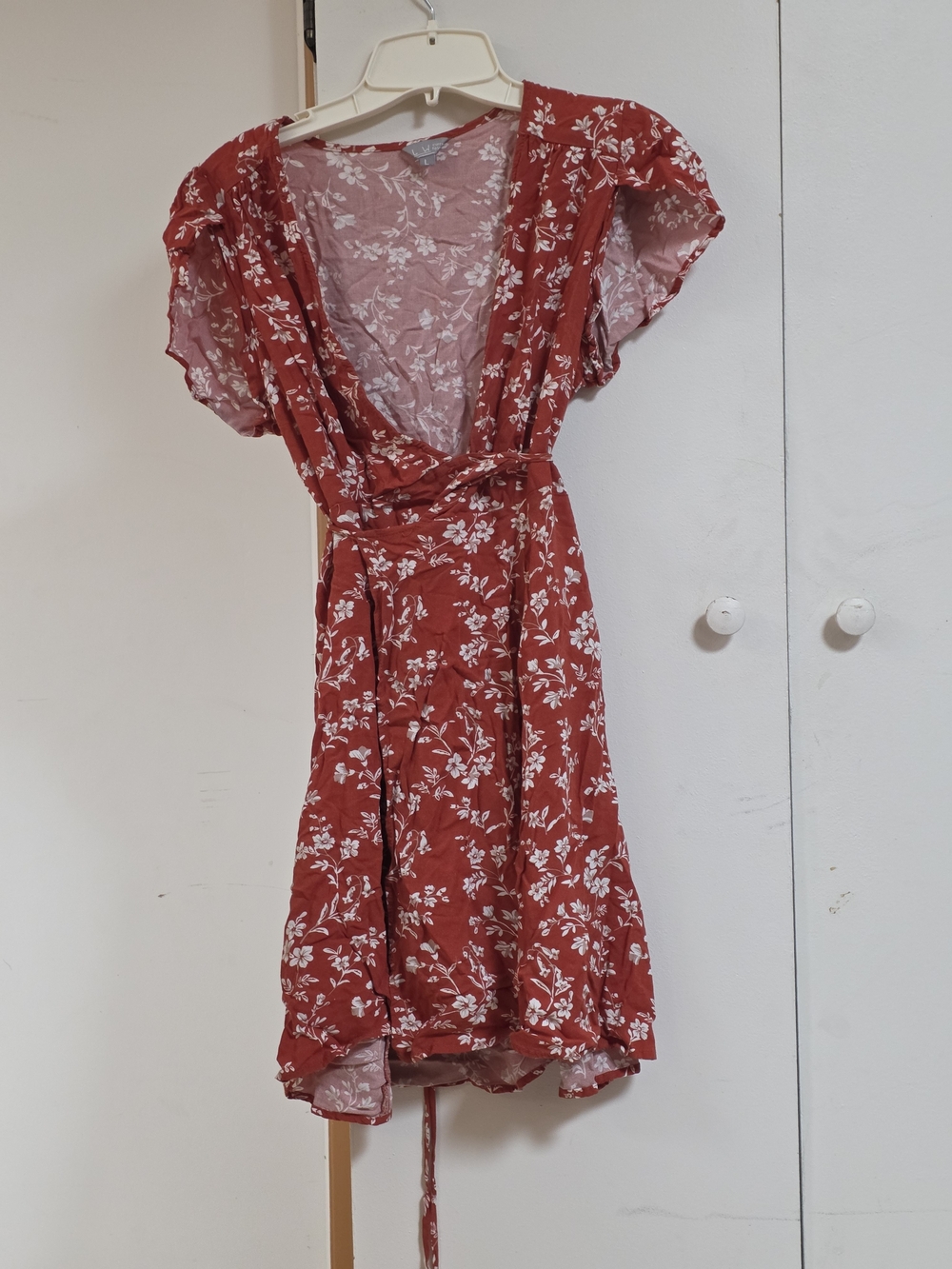 Red Floral Wrap Dress with Self-Tie Waist